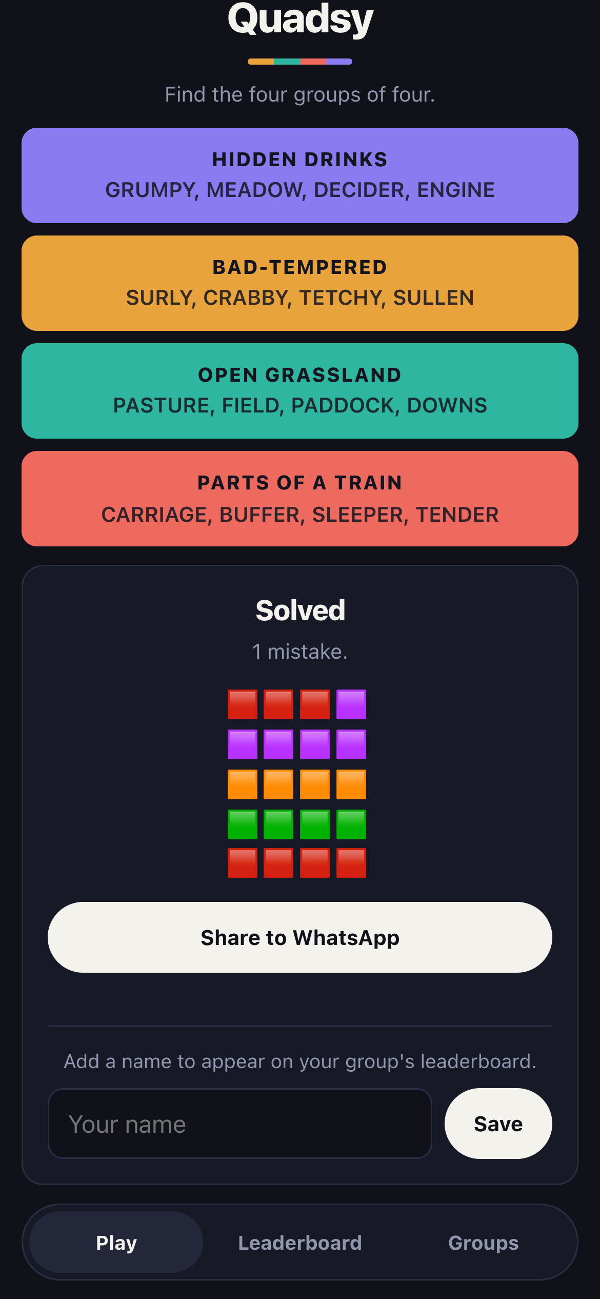 The Quadsy end screen: all four groups solved, one mistake, and the grid of coloured squares with a Share to WhatsApp button.